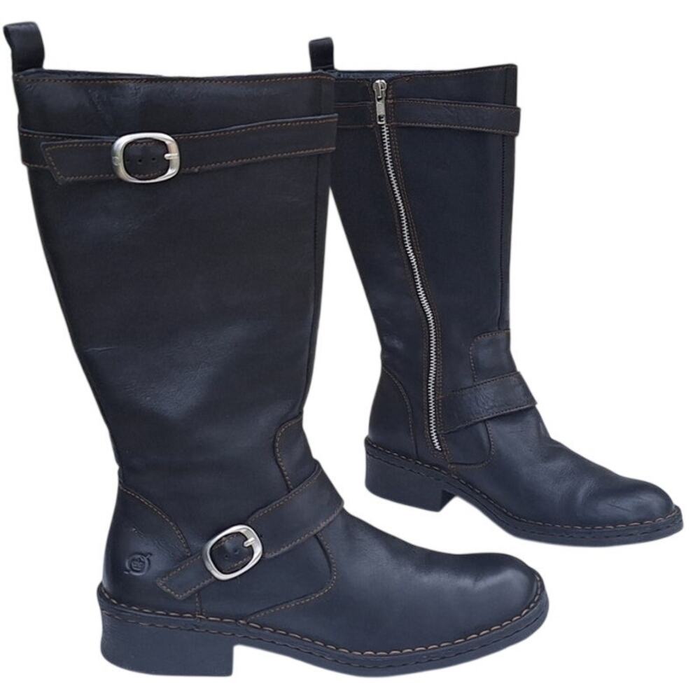 Born Equestrian Moto Riding Leather Boots Black Buckles Zipper Size US 9 EU 40.5